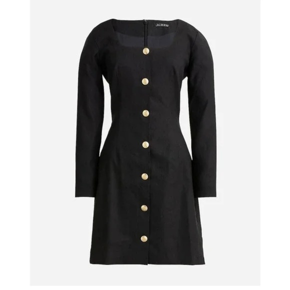 J Crew Long Sleeve Button Mini Dress Black Linen Blend Square Neck size 12 - Picture 2 of 8